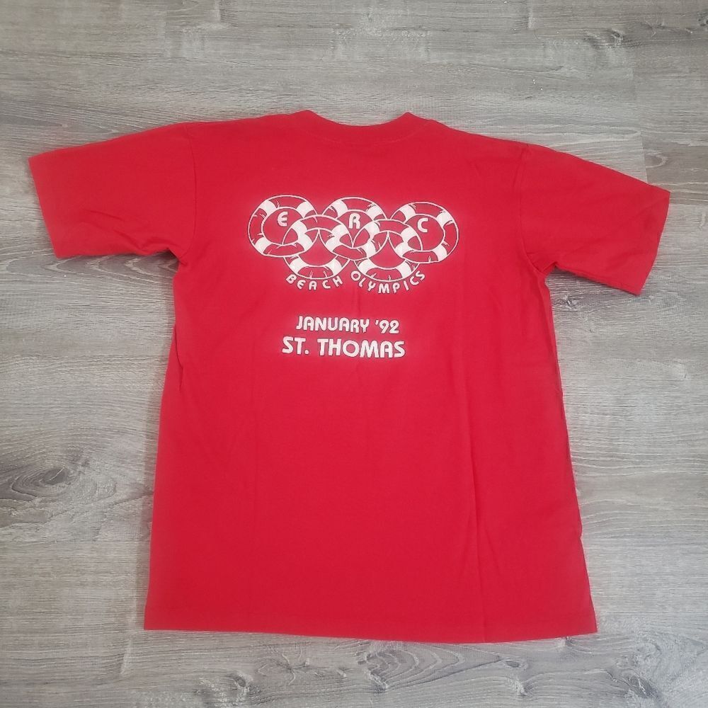 Vintage 90s 1992 ERC Beach Olympics St. Thomas Red T Shirt Mens Large Oneita Tag
